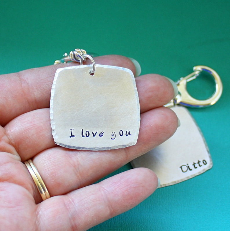 I Love You / Ditto Key Chain Pair Personalized Hand Stamped Key Ring Gift for Couples image 2