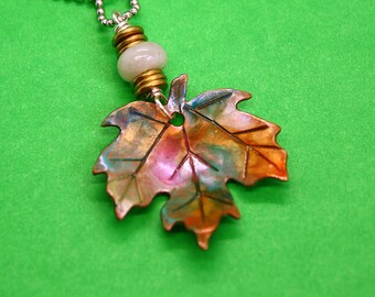 Painted Fall Leaf Necklace - Hand Stamped Copper Pendant