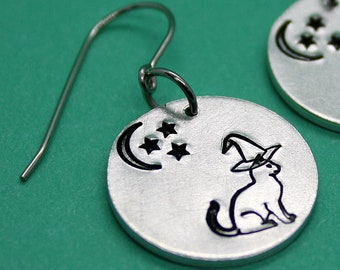 Witchy Cat Earrings - Hand Stamped Jewelry - Aluminum Disc