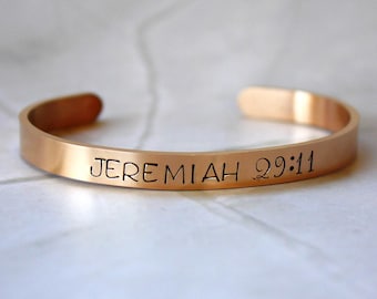 Jeremiah 29:11 - Hand Stamped Cuff Bracelet - Message Jewelry - Rose Gold Plated Stainless Steel