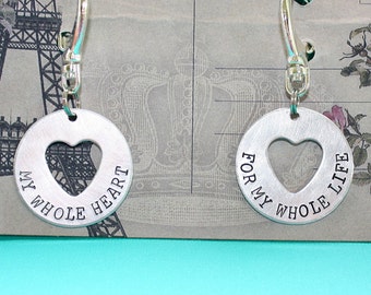 My Whole Heart for My Whole Life Key Chain Pair - Disc Heart Cut Out - Hand Stamped Key Ring - Gift for Couples