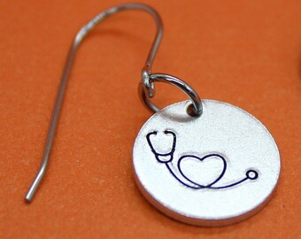 Stethoscope Earrings - Hand Stamped Jewelry - Aluminum and Surgical Steel