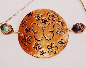 Butterfly Daisy Bracelet - Stamped Copper - Impression Jasper - Adjustable Bolo Bracelet