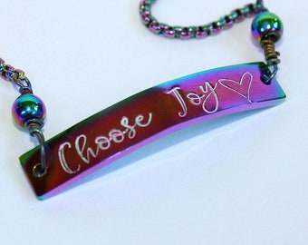 Choose Joy - Hand Stamped Slider Bolo Bracelet - Message Jewelry - Rainbow Stainless Steel - Adjustable