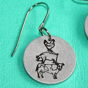 Cow Pig Chicken Earrings Hand Stamped Jewelry Aluminum Disc image 2