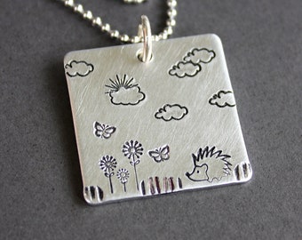 Hedgehog Necklace - Hand Stamped Jewelry