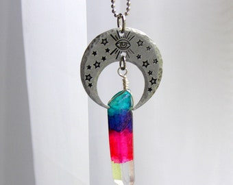 Evil Eye Necklace - Hand Stamped Jewelry - Hand Dyed Crystal Point