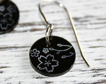 Cherry Blossom Earrings - Hand Stamped Jewelry - Surgical Steel Ear Wires - Black Plated Stainless Steel Disc