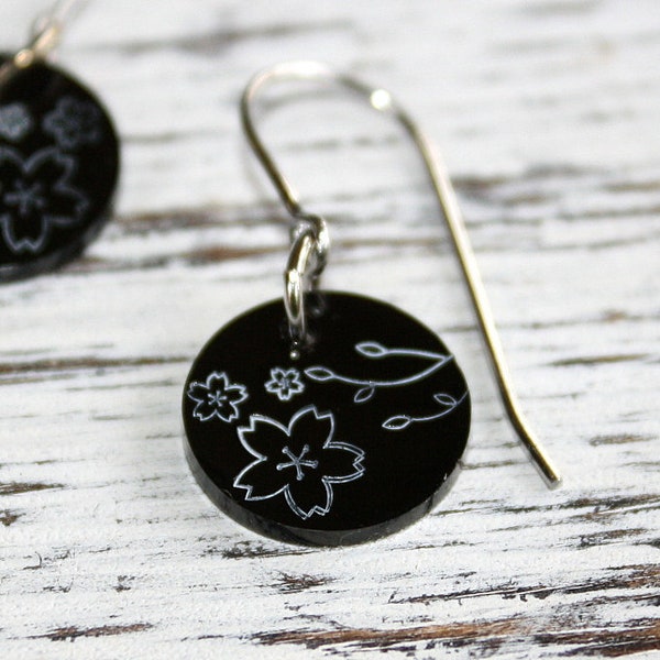 Cherry Blossom Earrings - Hand Stamped Jewelry - Surgical Steel Ear Wires - Black Plated Stainless Steel Disc