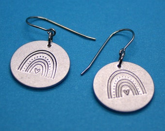 Rainbow Earrings - Hand Stamped Jewelry - Surgical Steel Ear Wires - Aluminum Disc