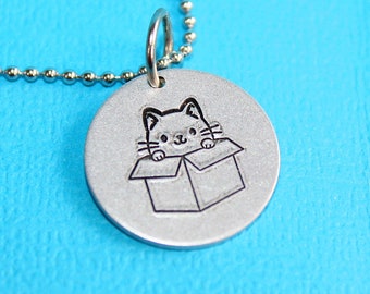 Cat In The Box Necklace - Hand Stamped Jewelry - Pendant