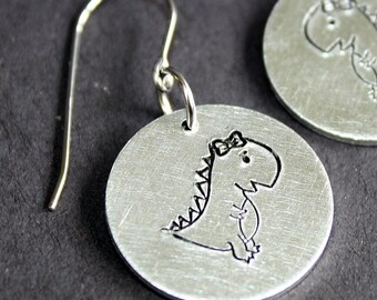 Dinosaur Earrings - Hand Stamped Jewelry - Surgical Steel Ear Wires - Aluminum Disc