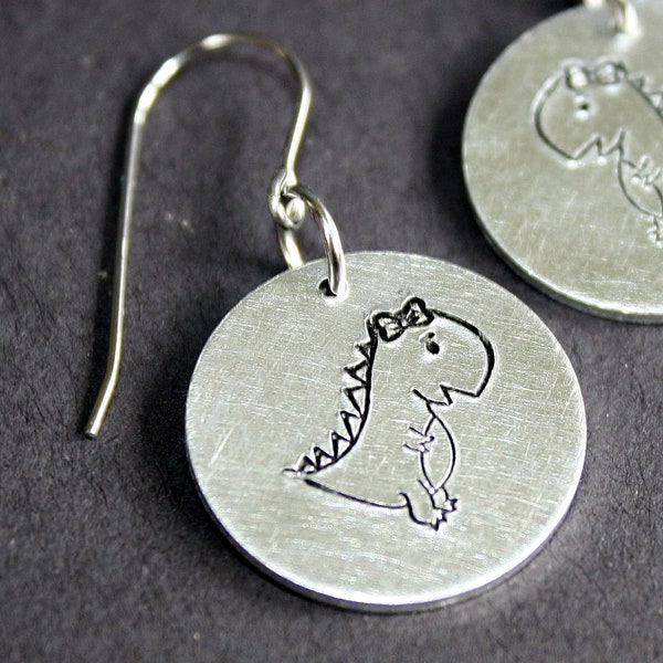 Dinosaur Earrings - Hand Stamped Jewelry - Surgical Steel Ear Wires - Aluminum Disc