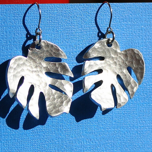 Hammered Monstera Leaf Earrings - Aluminum Jewelry