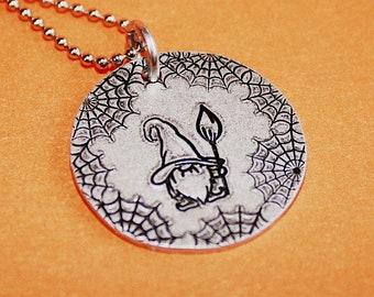 Witch Gnome Necklace - Hand Stamped Jewelry - Spider Webs