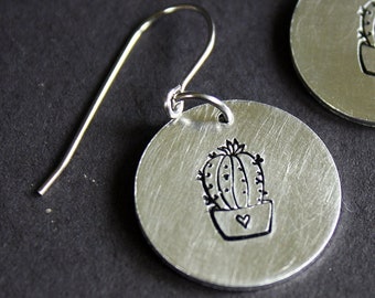 Cactus Earrings - Hand Stamped Jewelry - Stainless Steel Ear Wires - Aluminum Disc - Succulent