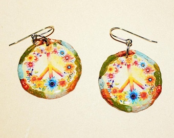 Floral Peace Sign Earrings - Copper