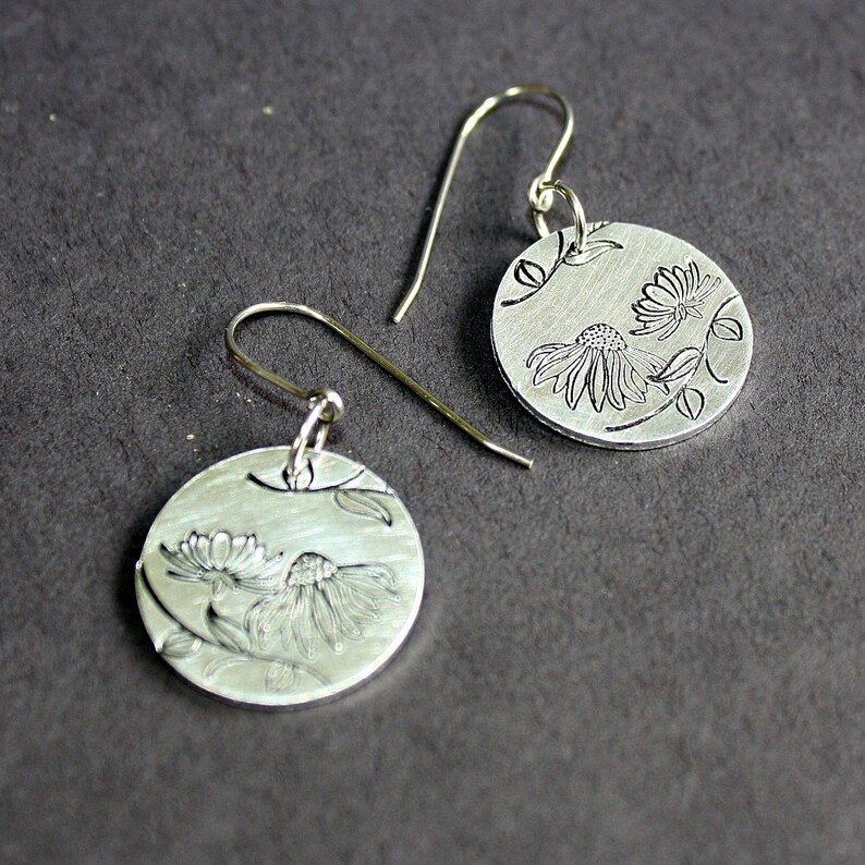 Floral Earrings Hand Stamped Jewelry Surgical Steel Ear Wires Aluminum Disc image 2