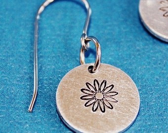 Daisy - Hand Stamped Earrings - Zodiac Jewelry - Aluminum and Surgical Steel