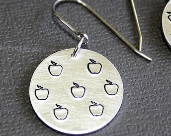 Apple Earrings - Hand Stamped Jewelry - Surgical Steel Ear Wires - Aluminum Disc
