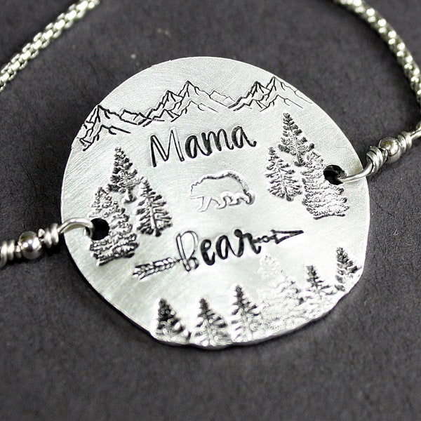 Mama Bear - Hand Stamped Adjustable Bolo Bracelet - Message Jewelry - Slide Bracelet