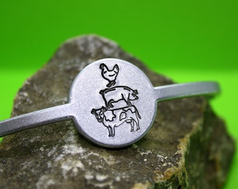 Cow Pig Chicken Cuff - Hand Stamped Bracelet - Aluminum Bracelet
