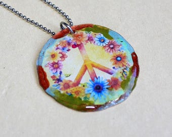 Floral Peace Sign Necklace - Copper