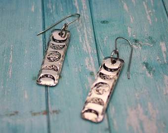 Moon Phase Earrings - Hand Stamped Jewelry - Stainless Steel Ear Wires - Aluminum Rectangle