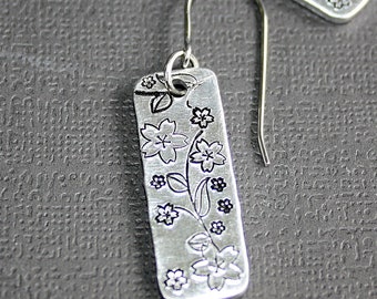 Cherry Blossom Earrings - Hand Stamped Jewelry - Surgical Steel Ear Wires - Aluminum Rectangle