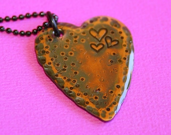 Rustic Heart Necklace - Stamped Copper Pendant - Resin