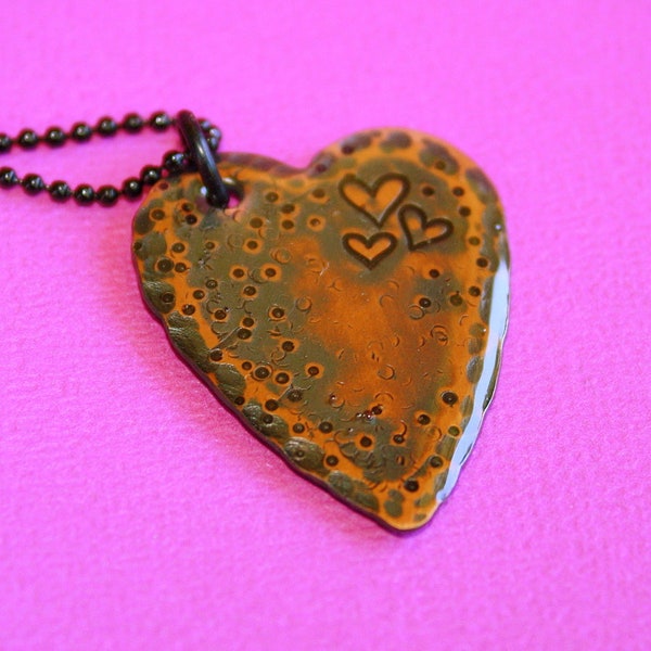 Rustic Heart Necklace - Stamped Copper Pendant - Resin