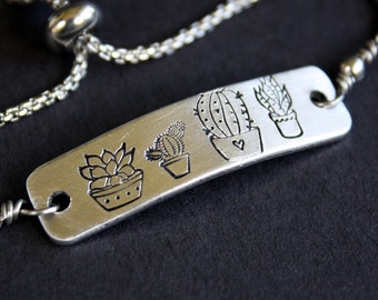 Succulent - Hand Stamped Adjustable Bolo Bracelet - Message Jewelry - Slide Bracelet