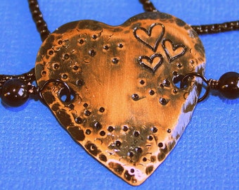 Rustic Heart Bracelet - Stamped Copper Heart - Adjustable Bolo Bracelet