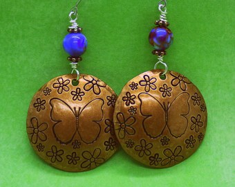 Butterfly Daisy Earrings - Stamped Copper