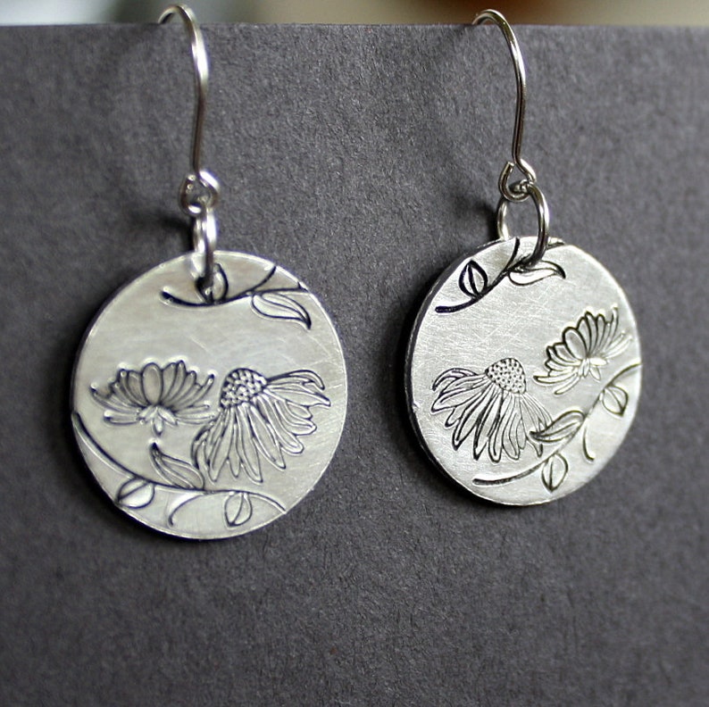 Floral Earrings Hand Stamped Jewelry Surgical Steel Ear Wires Aluminum Disc image 4
