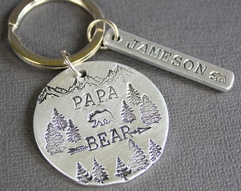 Papa Bear Key Ring - Hand Stamped Accessories - Personalized - Custom Kids Names