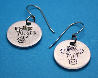 Cow Earrings - Hand Stamped Jewelry - Surgical Steel Ear Wires - Aluminum Disc