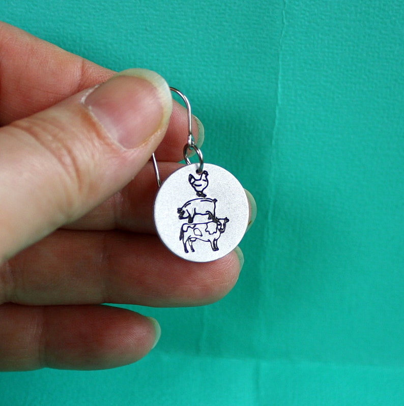 Cow Pig Chicken Earrings Hand Stamped Jewelry Aluminum Disc image 3