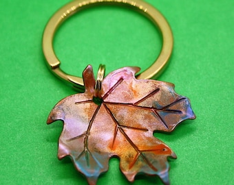 Painted Fall Leaf Keychain - Hand Stamped Copper Key Ring