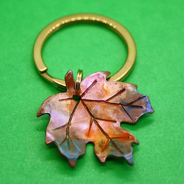 Painted Fall Leaf Keychain - Hand Stamped Copper Key Ring