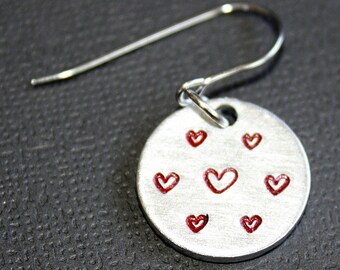 Heart Earrings - Hand Stamped Jewelry - Surgical Steel Ear Wires - Aluminum Disc