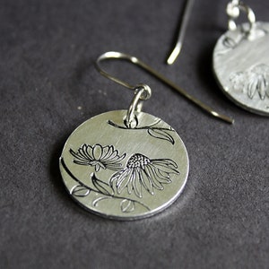 Floral Earrings Hand Stamped Jewelry Surgical Steel Ear Wires Aluminum Disc image 1
