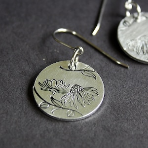 Floral Earrings Hand Stamped Jewelry Surgical Steel Ear Wires Aluminum Disc image 1