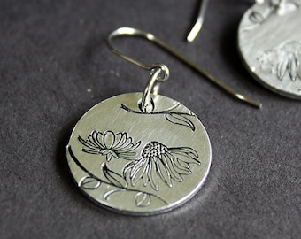 Floral Earrings - Hand Stamped Jewelry - Surgical Steel Ear Wires - Aluminum Disc