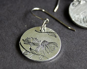 Floral Earrings - Hand Stamped Jewelry - Surgical Steel Ear Wires - Aluminum Disc