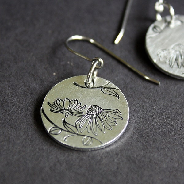 Floral Earrings - Hand Stamped Jewelry - Surgical Steel Ear Wires - Aluminum Disc
