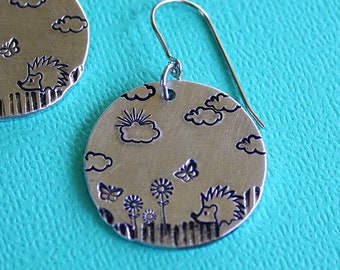 Hedgehog Earrings - Hand Stamped Jewelry - Surgical Steel Ear Wires - Aluminum Disc