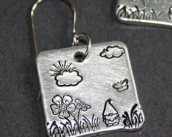 Gnome Earrings - Hand Stamped Jewelry - Surgical Steel Ear Wires - Aluminum Square