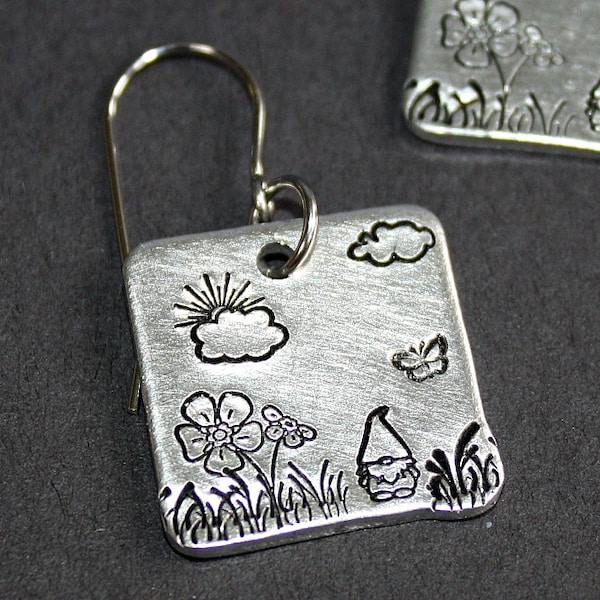 Gnome Earrings - Hand Stamped Jewelry - Surgical Steel Ear Wires - Aluminum Square