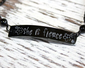 She Is Fierce - Hand Stamped Slider Bolo Bracelet - Message Jewelry - Black Plated Stainless Steel - Adjustable